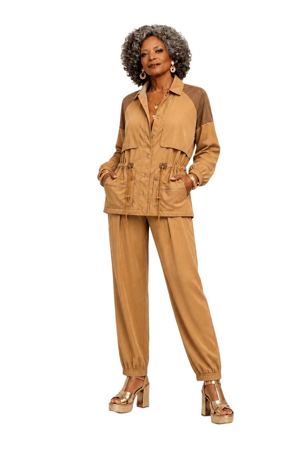 1980s Tan Synthetic Blend Jacket and Pants Set - Model