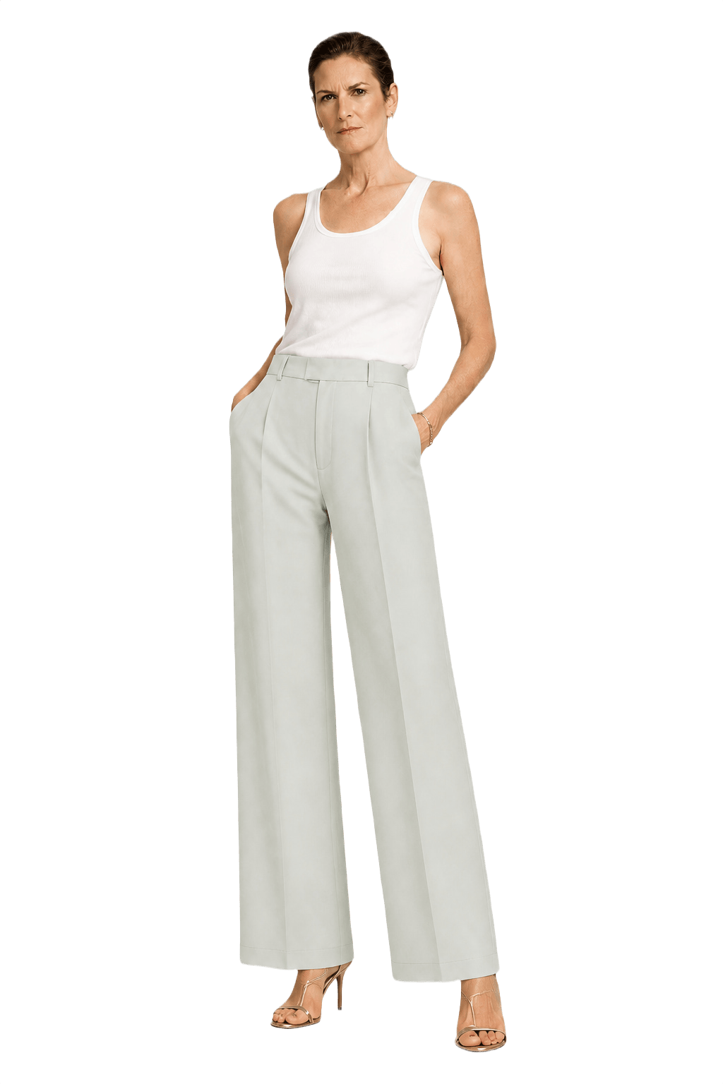 1990s Light Sage Green Silk Blend Wide-Leg Pants - Model