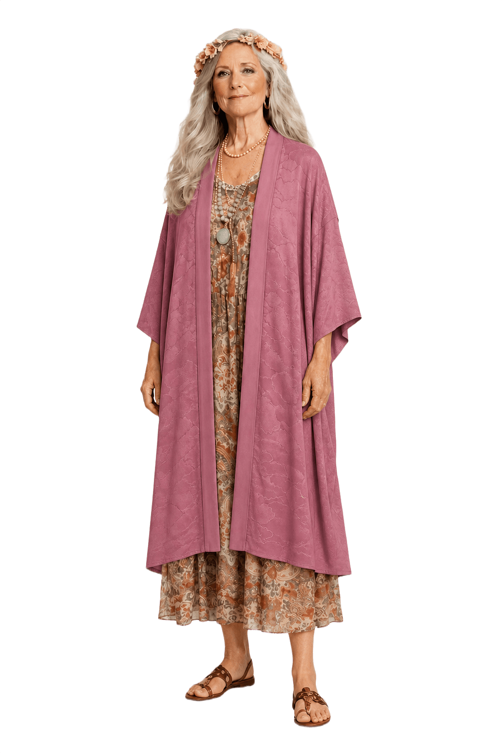 1970s Dusty Rose Pink Synthetic Blend Kimono - Model