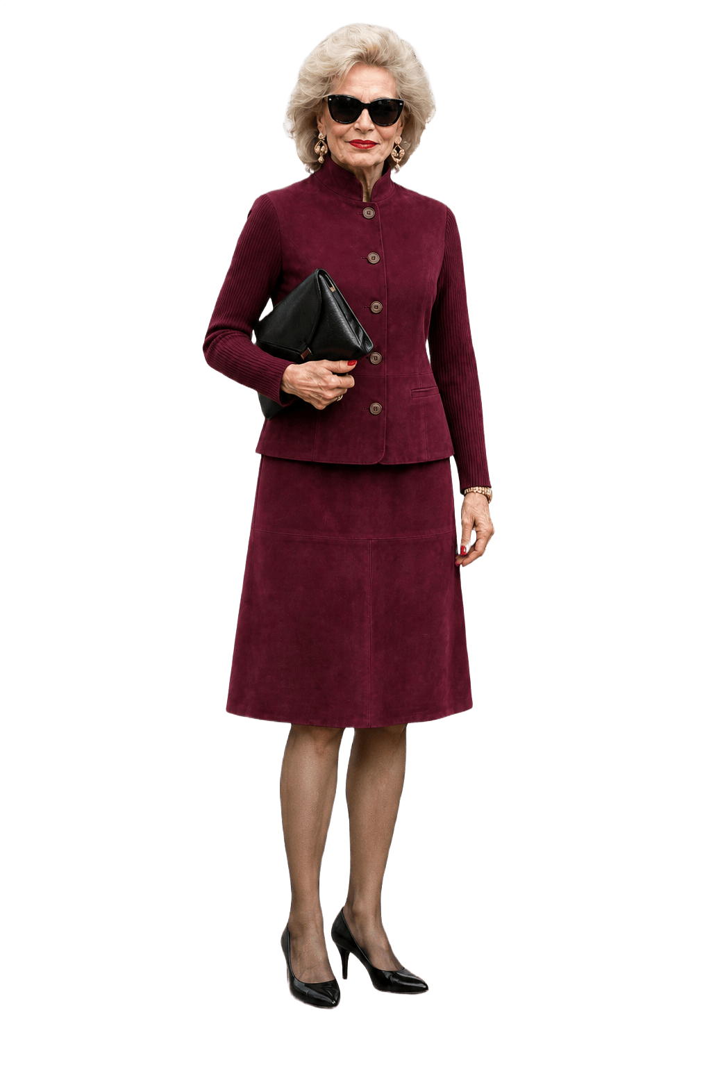 1980s Burgundy Suede Jacket and Skirt Set - Model