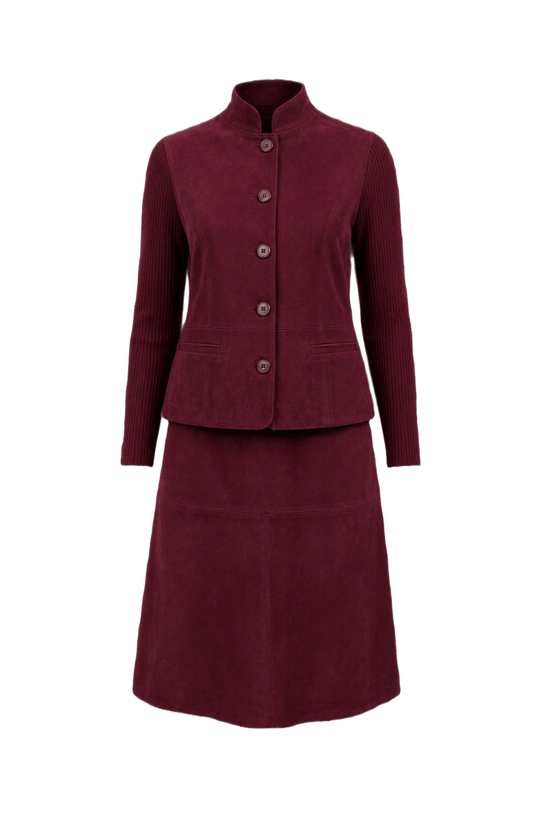 1980s Burgundy Suede Jacket and Skirt Set - Front View