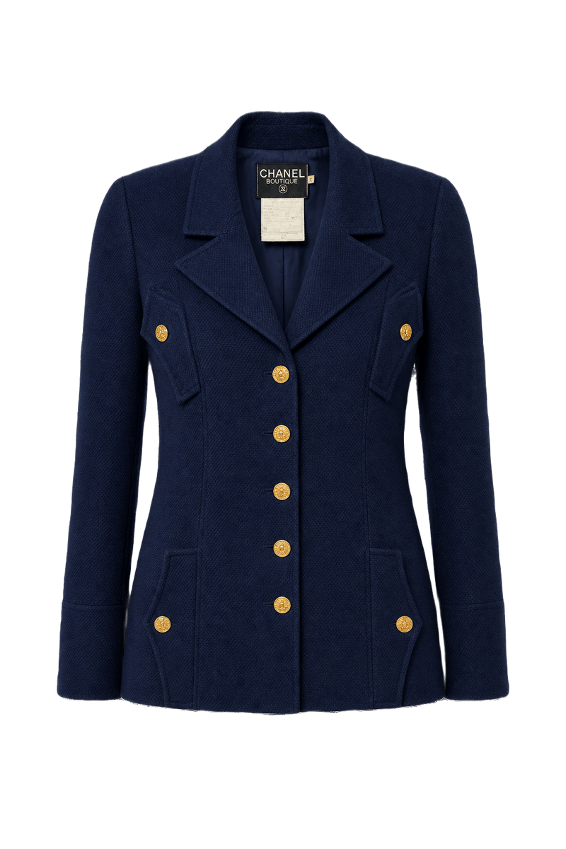 1990s Navy Blue Wool Blazer - Front View