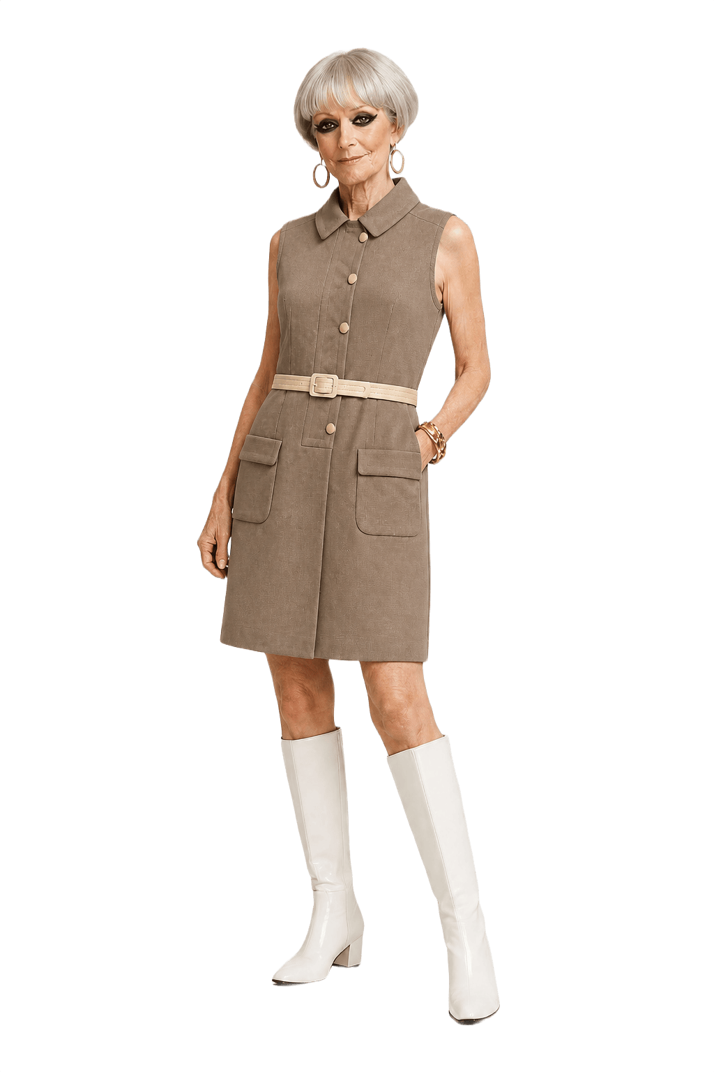 1960s Taupe Wool Blend Dress - Model