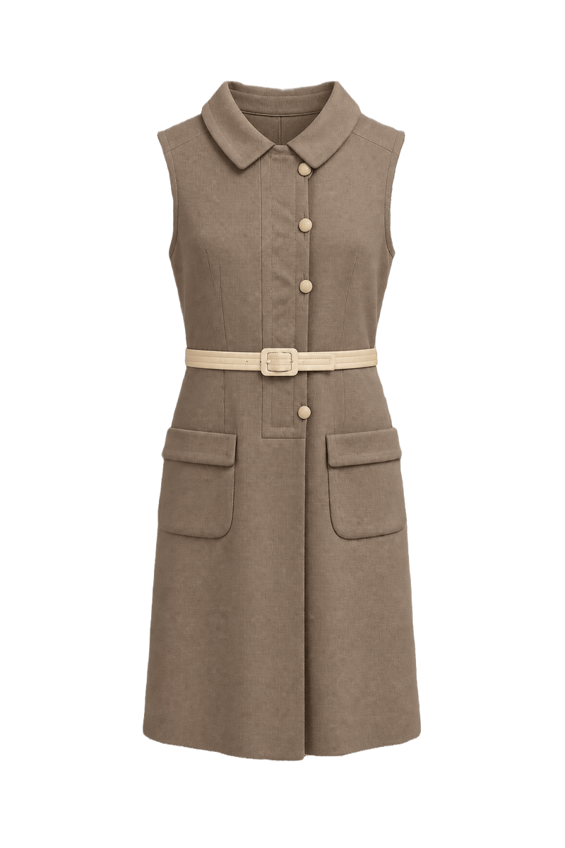 1960s Taupe Wool Blend Dress - Front View