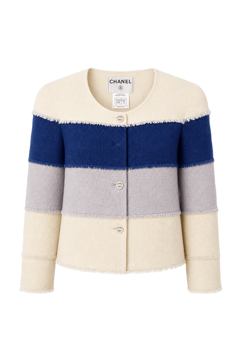 1990s Beige Blue Wool Blend Jacket - Front View