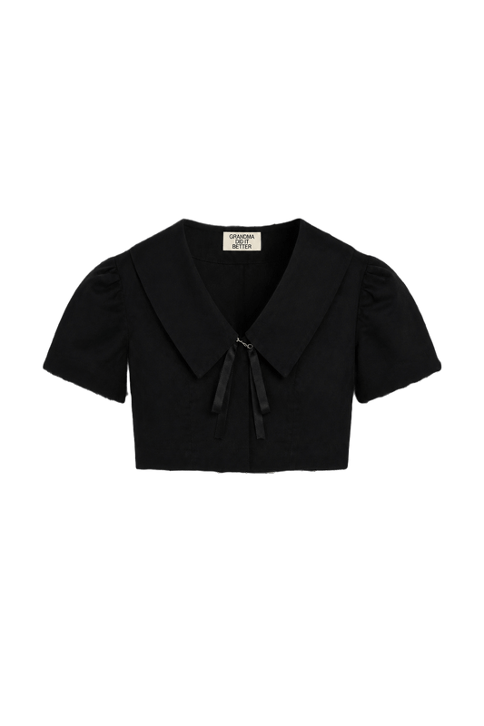 1970s Black Cotton Blouse - Front View