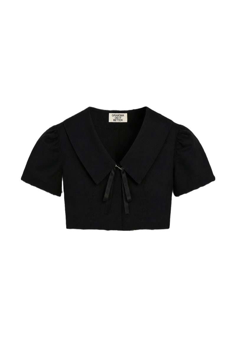 1970s Black Cotton Blouse - Front View