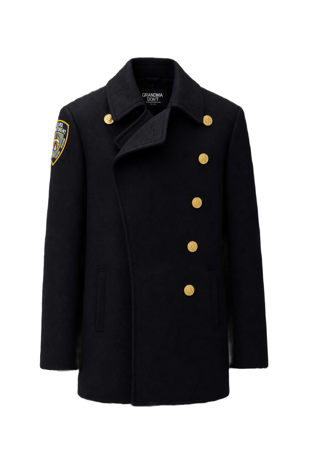A navy blue wool coat with a structured silhouette featuring gold buttons and a  - Front View