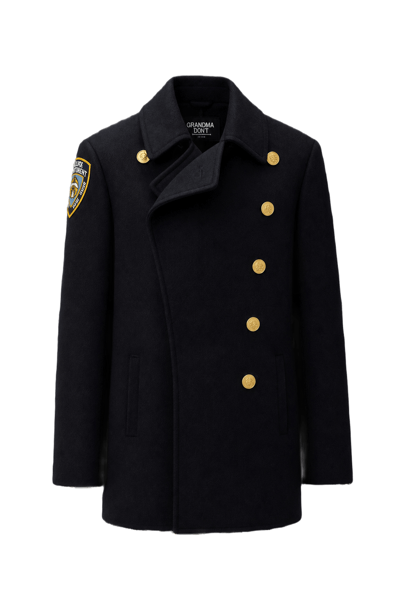 A navy blue wool coat with a structured silhouette featuring gold buttons and a  - Front View