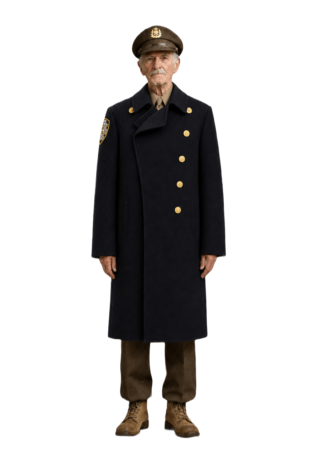 A navy blue wool coat with a structured silhouette featuring gold buttons and a  - Model