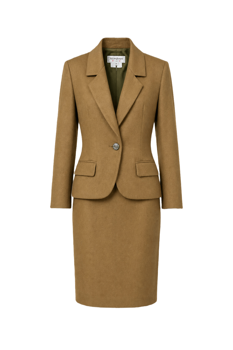 1980s Camel Brown Wool Skirt Suit - Front View