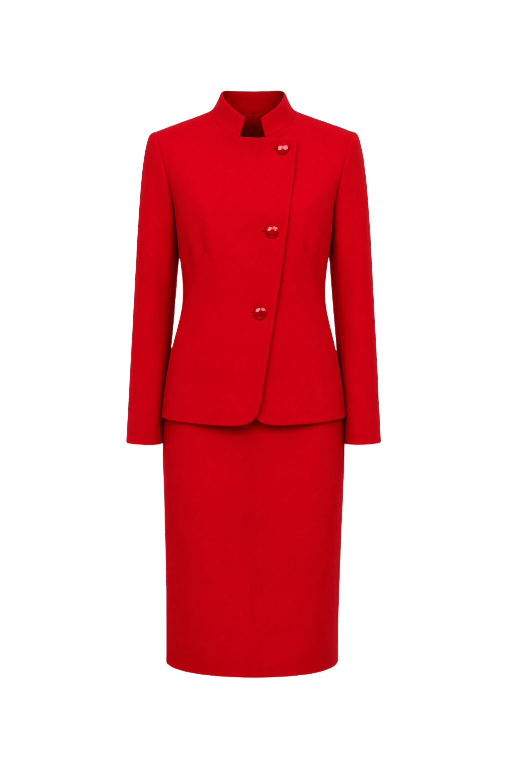 1990s Red Polyester Blend Skirt Suit - Front View