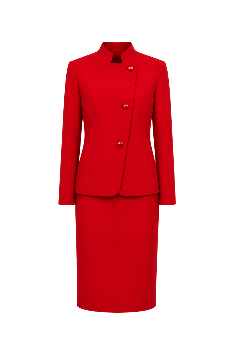 1990s Red Polyester Blend Skirt Suit - Front View