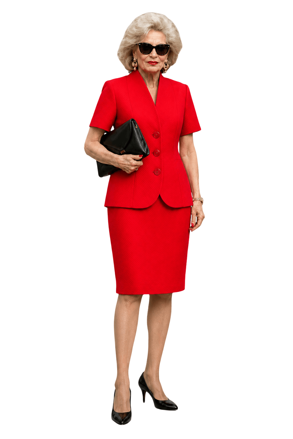 1980s Bright Red Textured Fabric Skirt Suit - Model