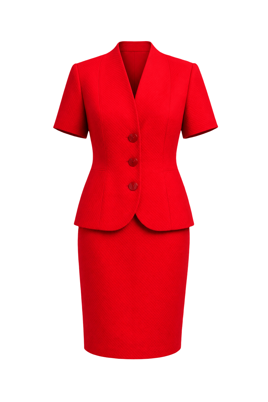 1980s Bright Red Textured Fabric Skirt Suit - Front View