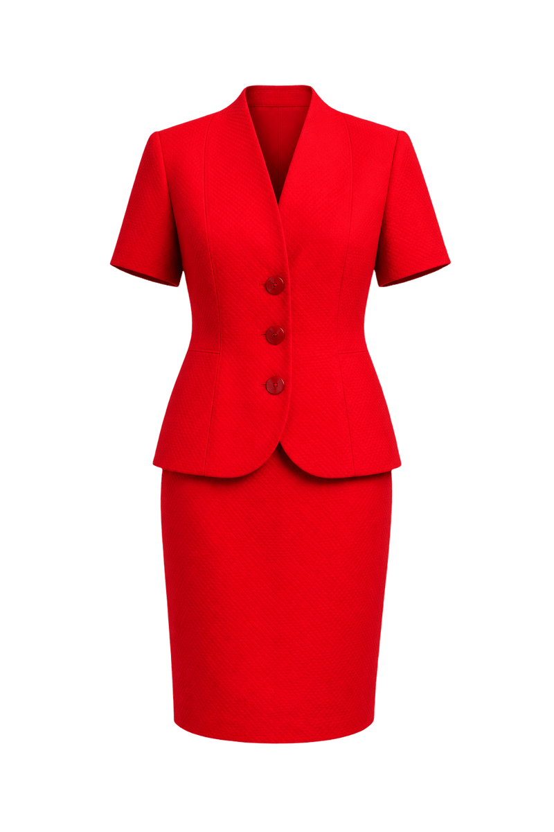 1980s Bright Red Textured Fabric Skirt Suit - Front View