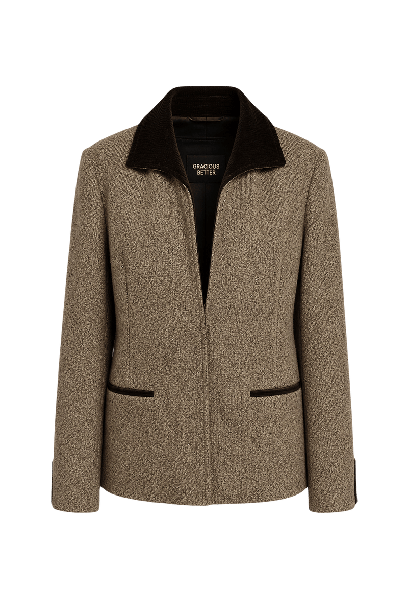 1980s Brown Tweed Poly Blend Blazer - Front View