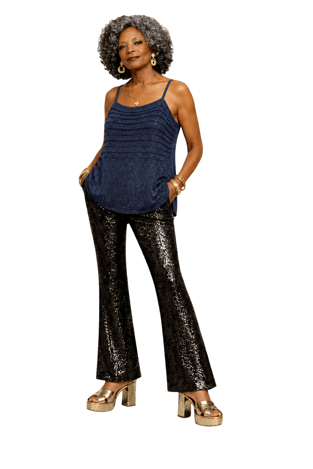 1980s Navy Blue Metallic Knit Tank Top - Model