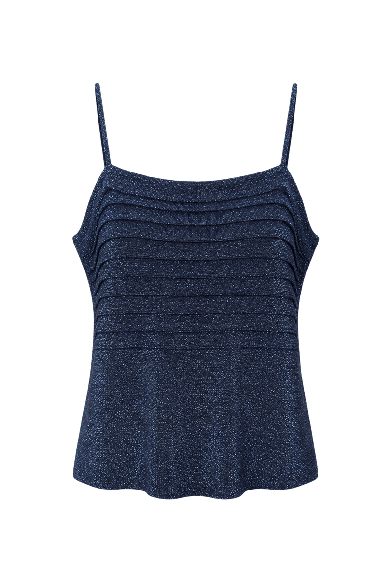 1980s Navy Blue Metallic Knit Tank Top - Front View