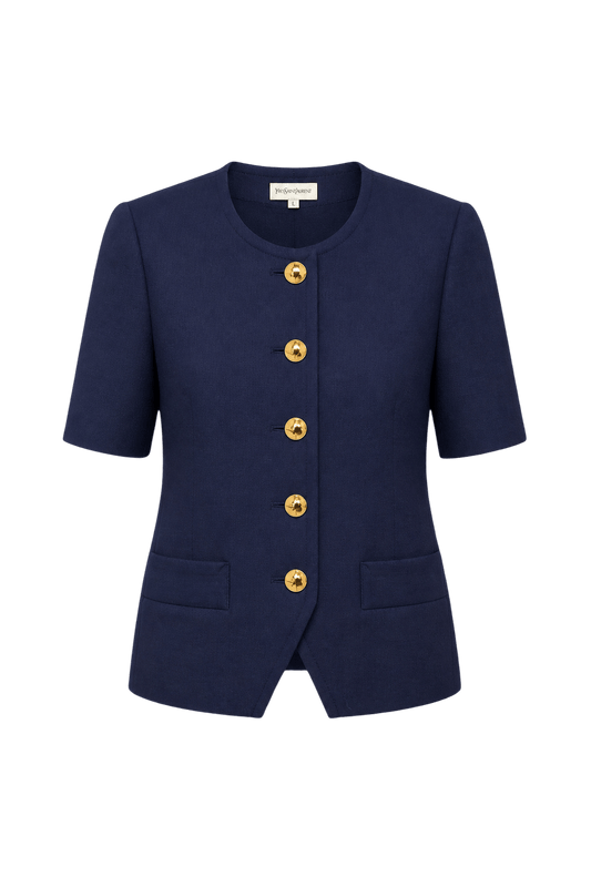 1980s Navy Blue Polyester Blazer - Front View