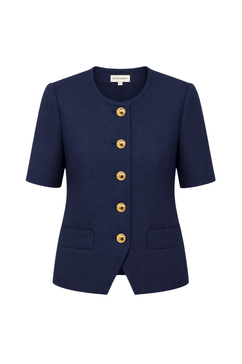 1980s Navy Blue Polyester Blazer - Front View