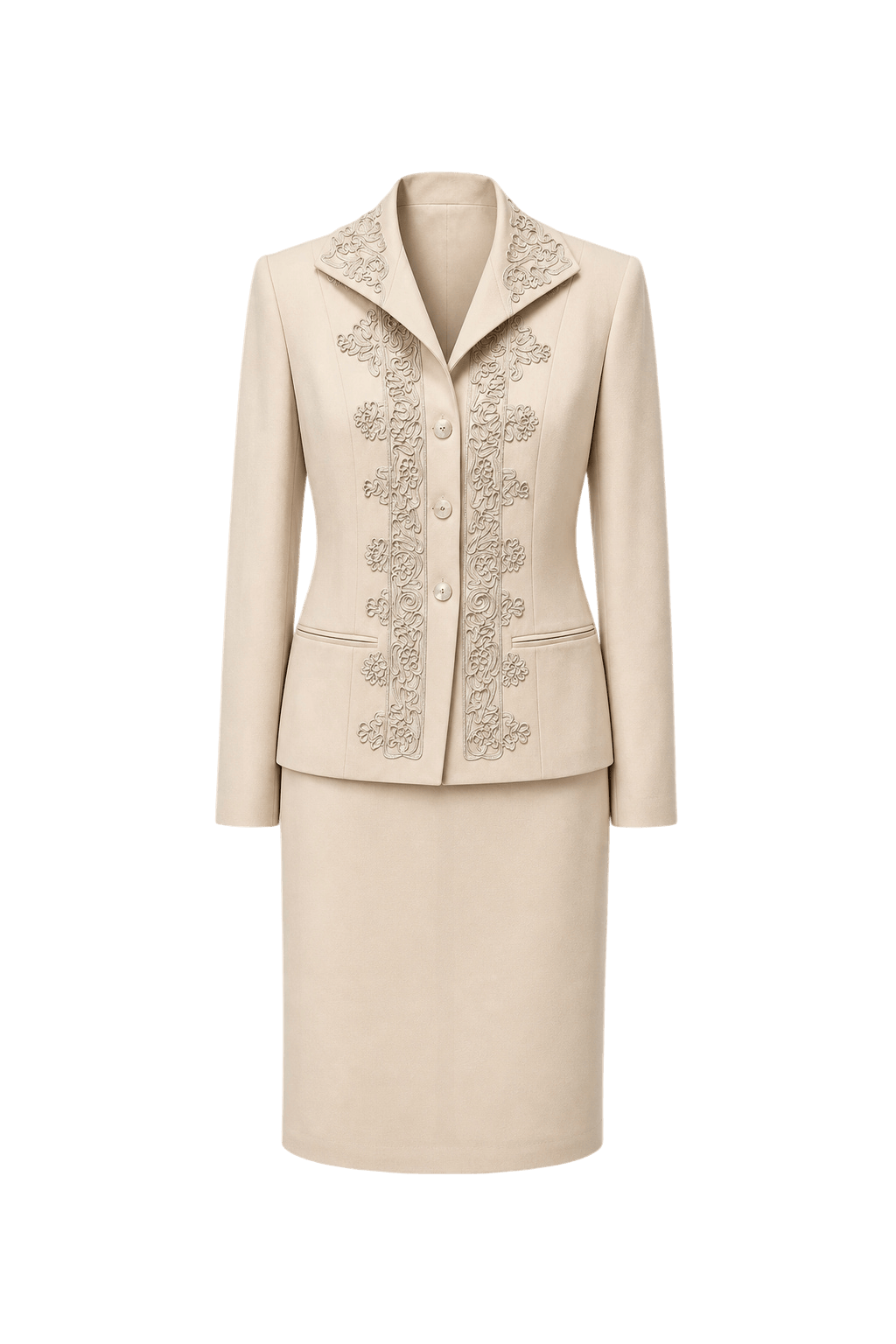 1990s Cream Polyester Blazer and Skirt Set - Front View
