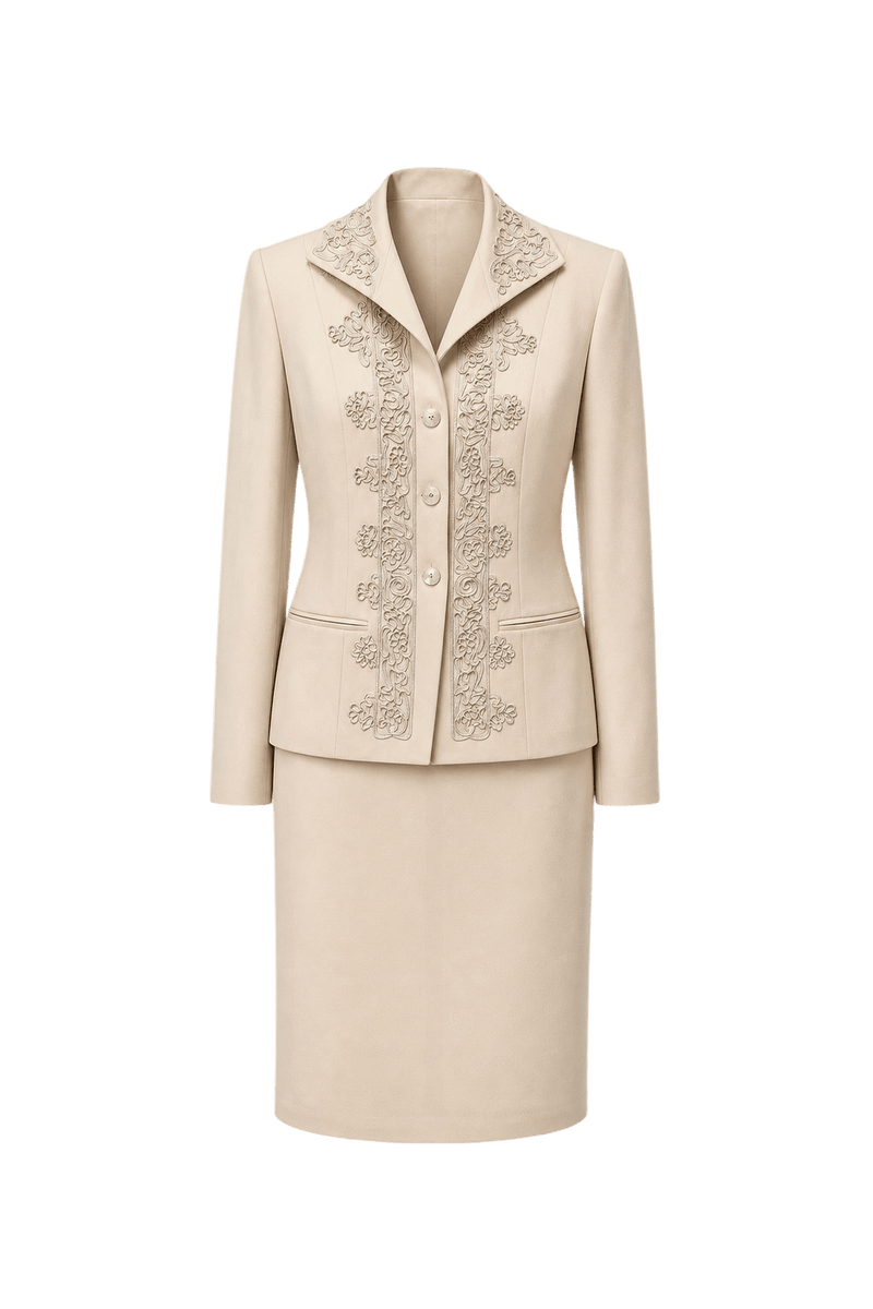 1990s Cream Polyester Blazer and Skirt Set - Front View
