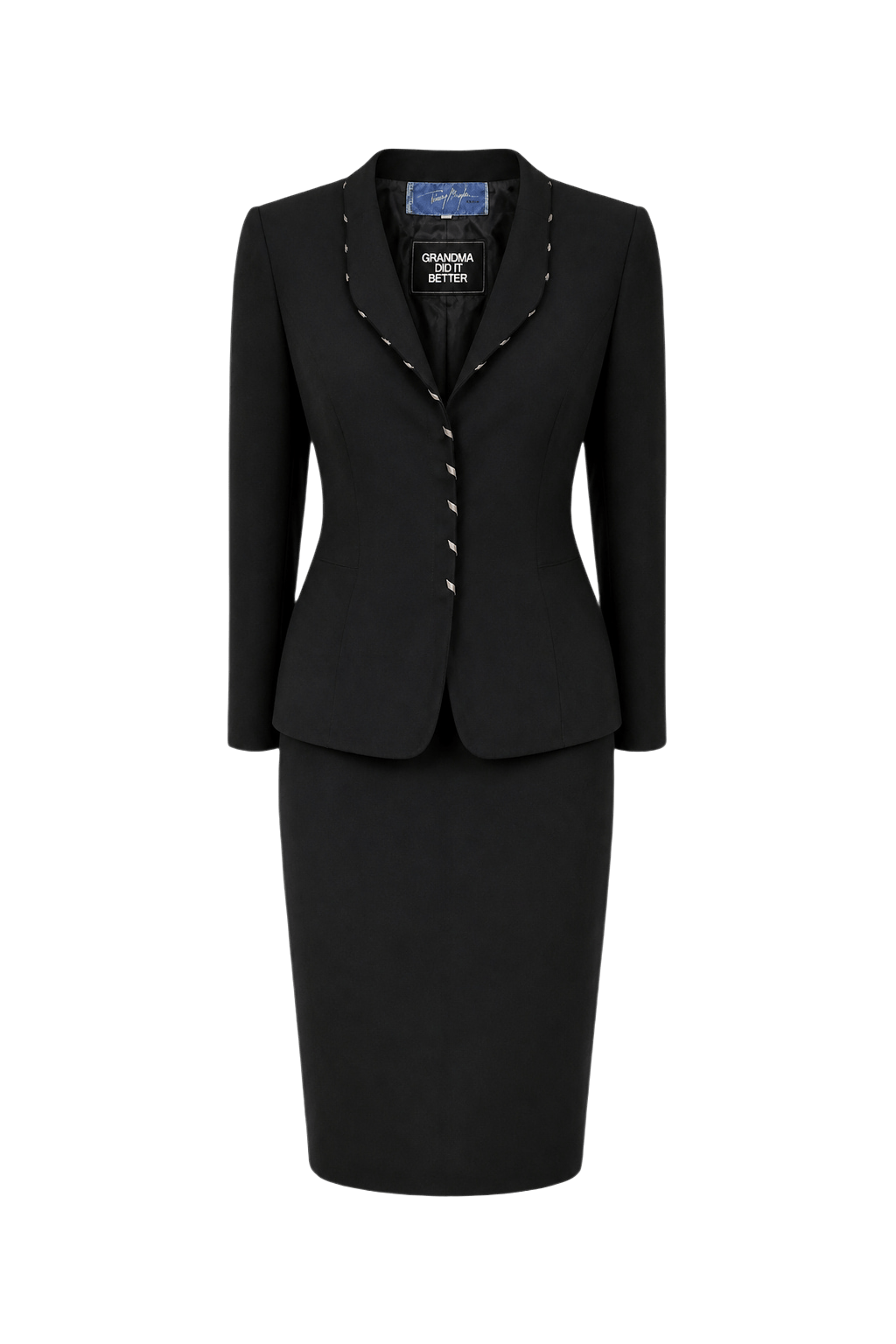 1960s Black Wool Blend Jacket + Skirt Set - Front View