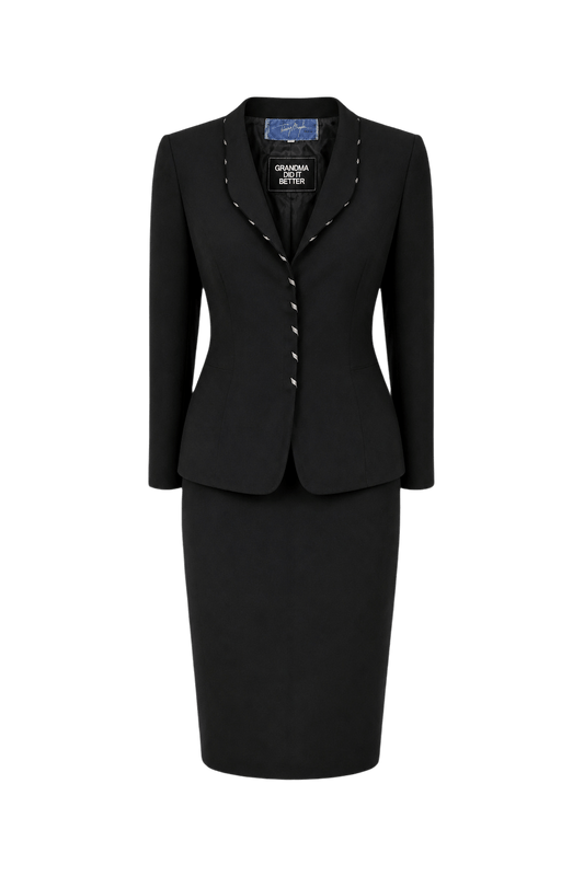 1960s Black Wool Blend Jacket + Skirt Set - Front View