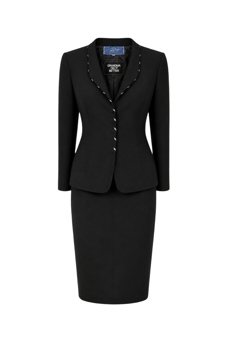 1960s Black Wool Blend Jacket + Skirt Set - Front View