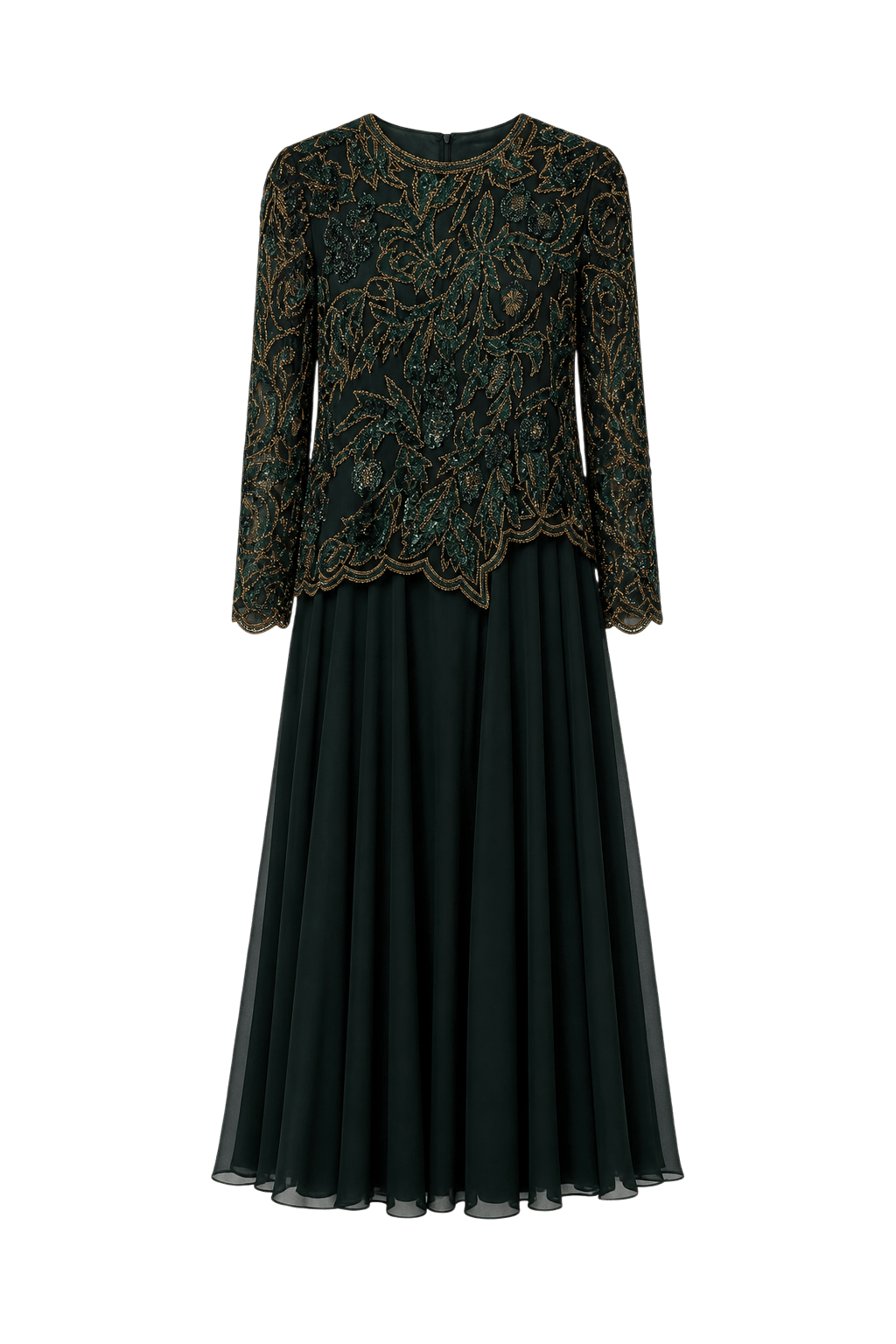 1980s Dark Green Silk Chiffon Gown - Front View