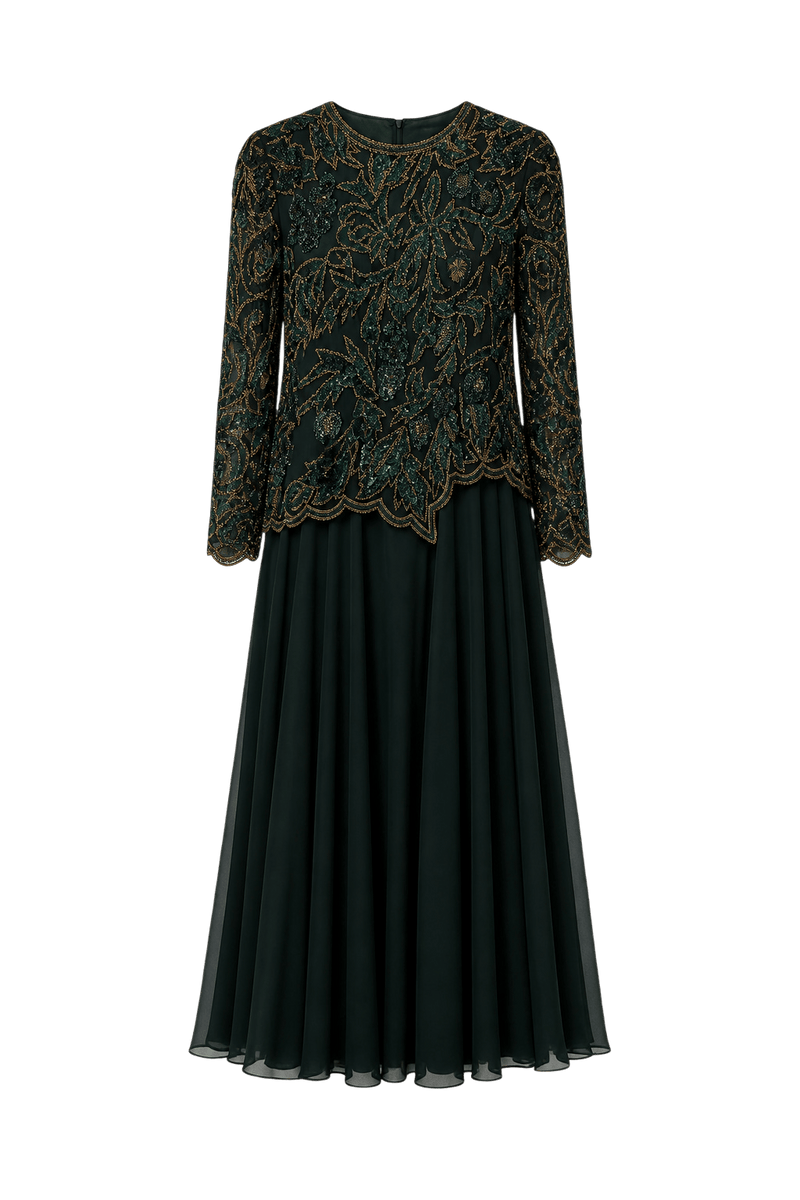 1980s Dark Green Silk Chiffon Gown - Front View