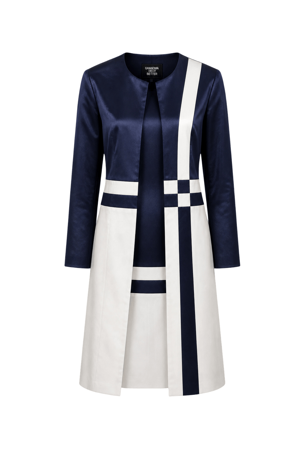 1980s Navy Blue Sateen Dress and Coat Set - Front View