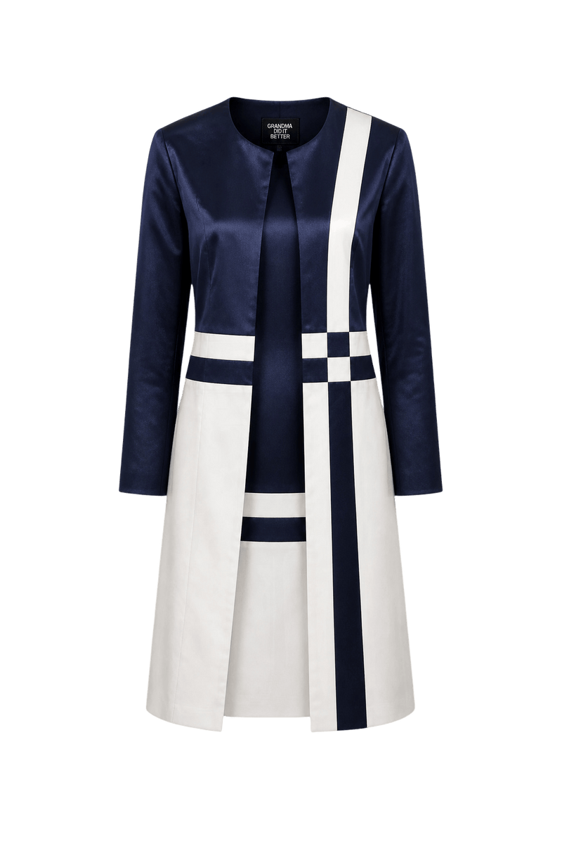 1980s Navy Blue Sateen Dress and Coat Set - Front View
