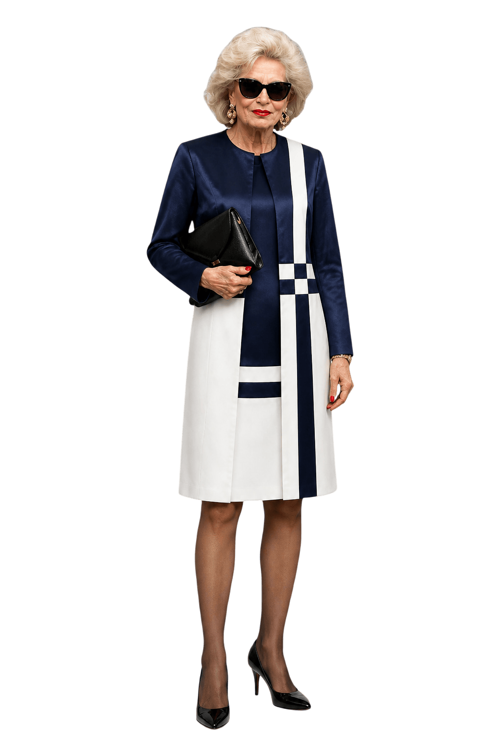 1980s Navy Blue Sateen Dress and Coat Set - Model