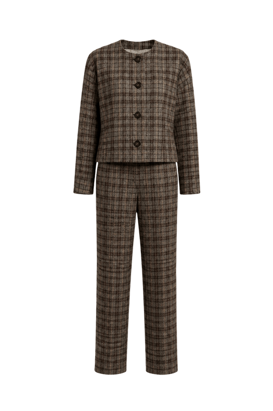 1970s Brown Plaid Wool Blend Jacket and Trousers Set - Front View