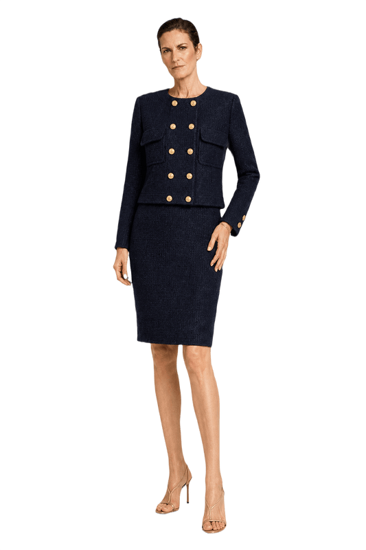 1990s Navy Blue Wool Blend Blouse and Skirt Set - Model