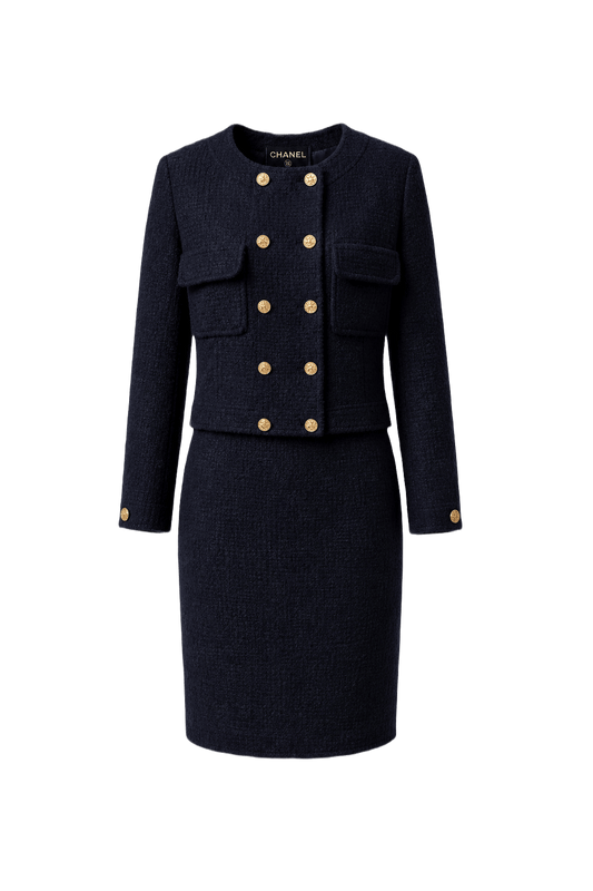 1990s Navy Blue Wool Blend Blouse and Skirt Set - Front View