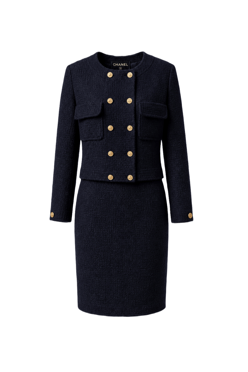 1990s Navy Blue Wool Blend Blouse and Skirt Set - Front View