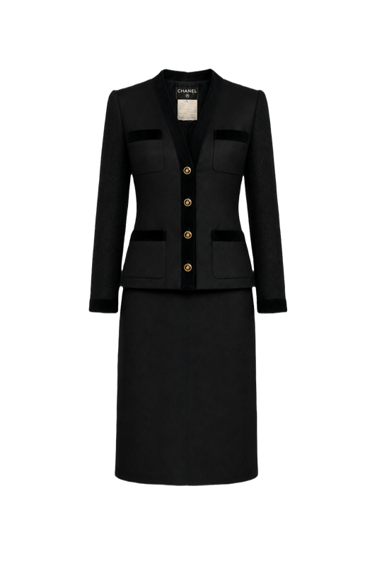 1990s Black Synthetic Blend Blouse and Skirt Set - Front View