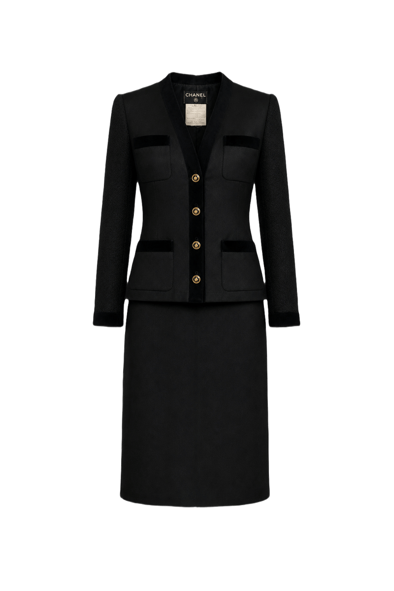 1990s Black Synthetic Blend Blouse and Skirt Set - Front View