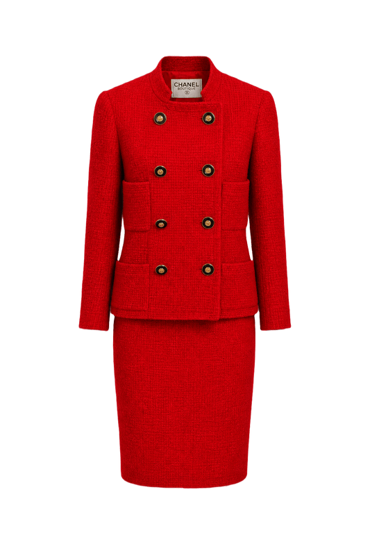 1990s Red Wool Blend 2-Piece Skirt Suit - Front View
