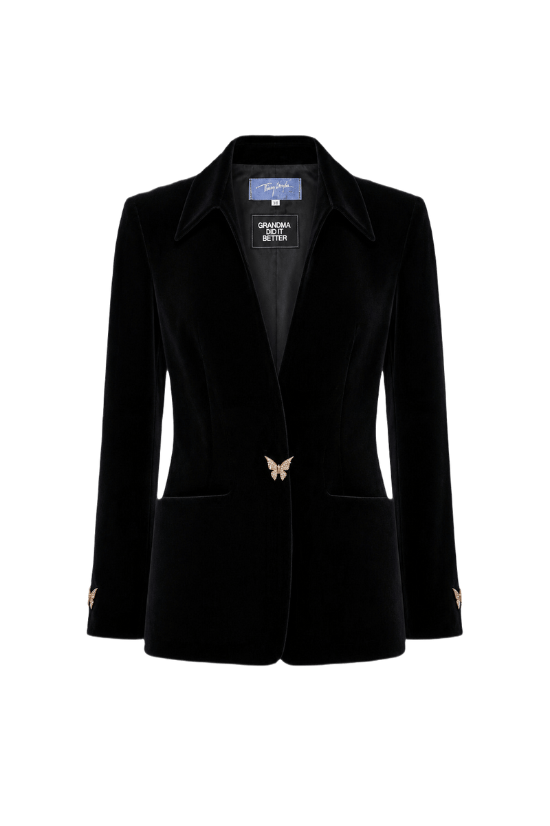 1990s Black Velvet Blazer - Front View