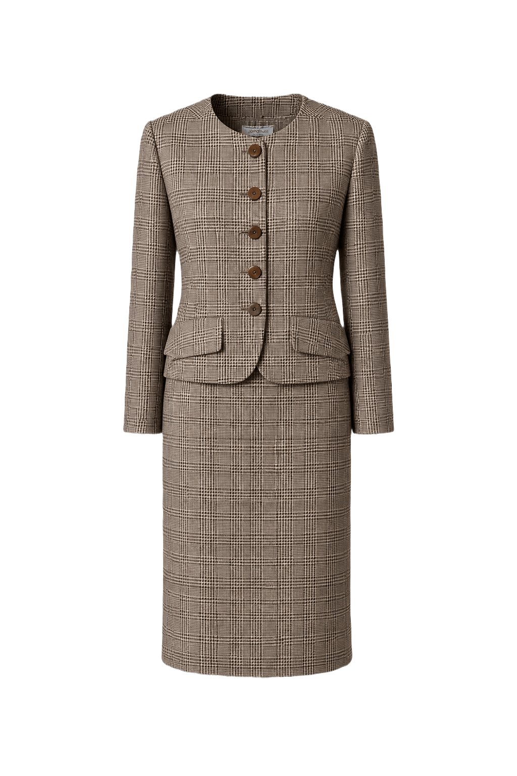 1980s Brown and Cream Wool Blend Blouse and Skirt Set - Front View