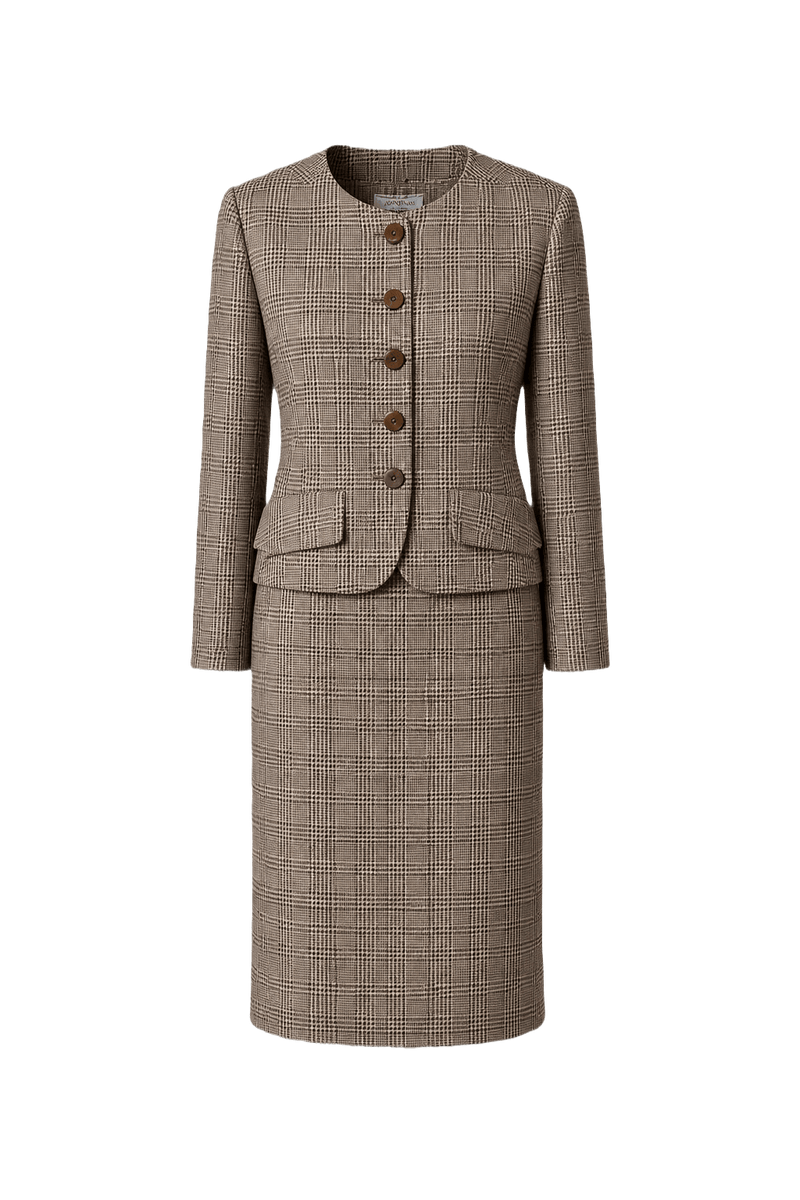 1980s Brown and Cream Wool Blend Blouse and Skirt Set - Front View