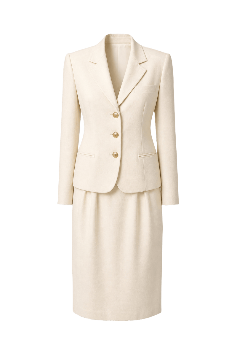 1980s Cream Wool Blend Skirt Suit - Front View