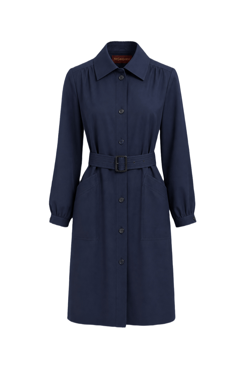 1980s Navy Blue Cotton Trench Coat - Front View
