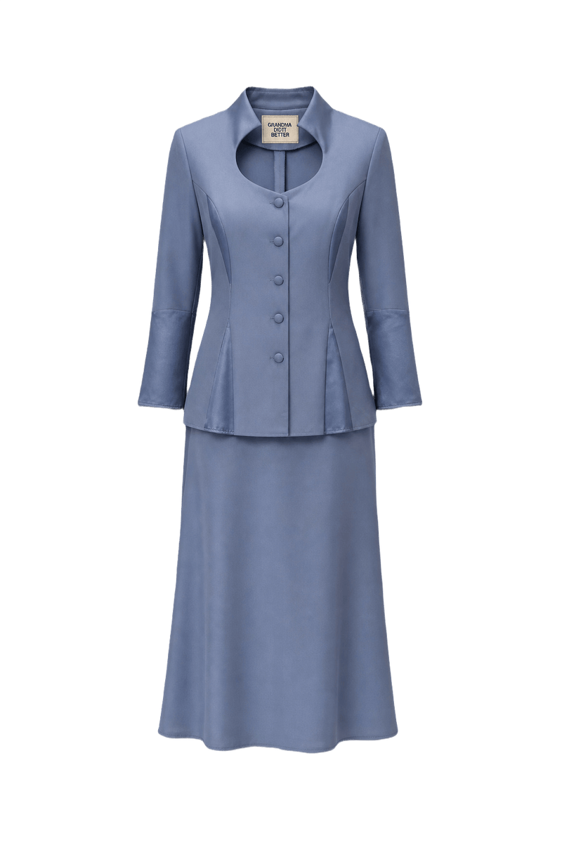 1980s Light Blue Polyester Top and Skirt Set - Front View