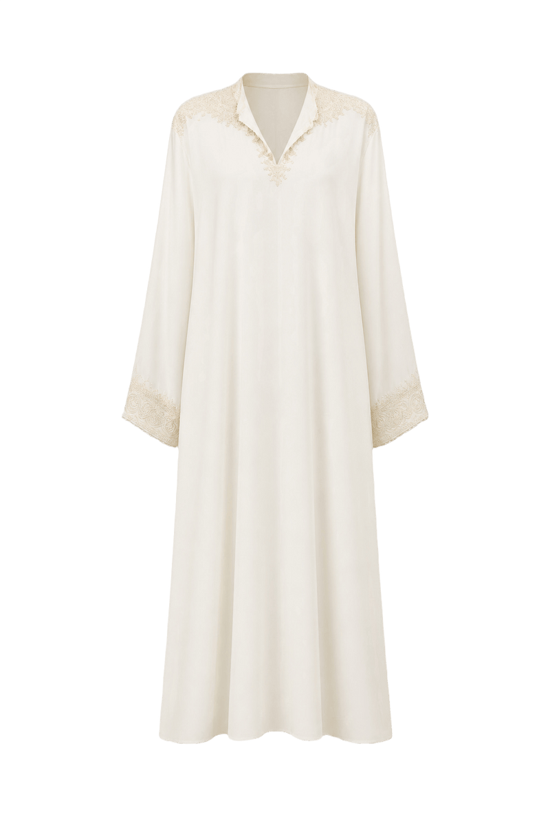 1970s Cream White Polyester Kaftan - Front View
