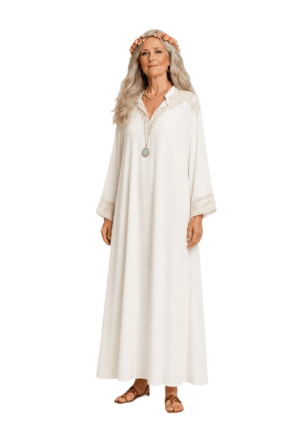 1970s Cream White Polyester Kaftan - Model